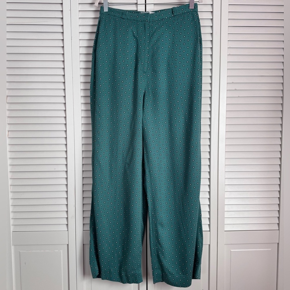 & Other Stories High Rise Wide Leg Retro Printed Green Pants Trousers Size 8 - Picture 2 of 11